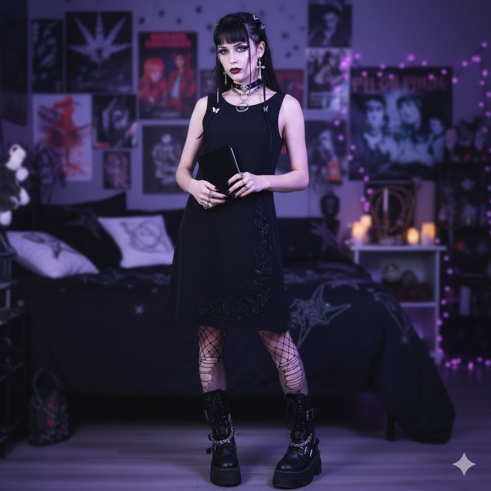 Y2K S.L. Fashions Midi‎ Dress 16 Black A-Line Beaded Witchy Goth Party Halloween
